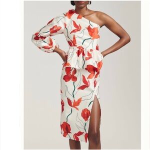 Anthropologie hutch floral poppy peplum one shoulder dress